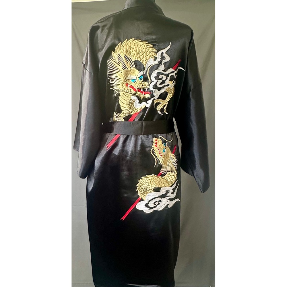 Ichiban Vintage Japanese Kimono Robe Black Satin Dragon Embroidered